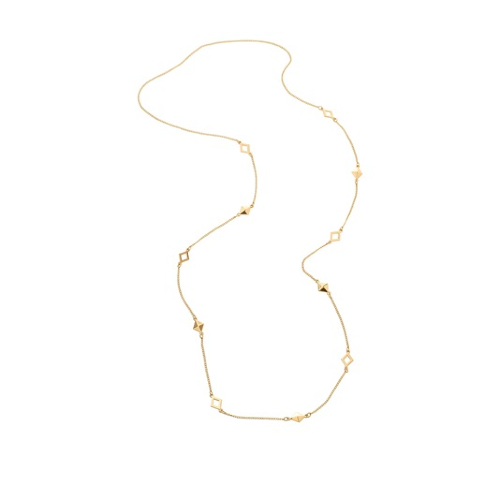 Длинное ожерелье Ромбовидные элементы и четкие линии прекрасно дополняют это длинное ниспадающее ожерелье-цепочку. Украшено изящными элементами в форме ромбов – цельных и с прорезями. Носи в один или два слоя и сочетай со спокойной одеждой, чтобы подчеркнуть образ.