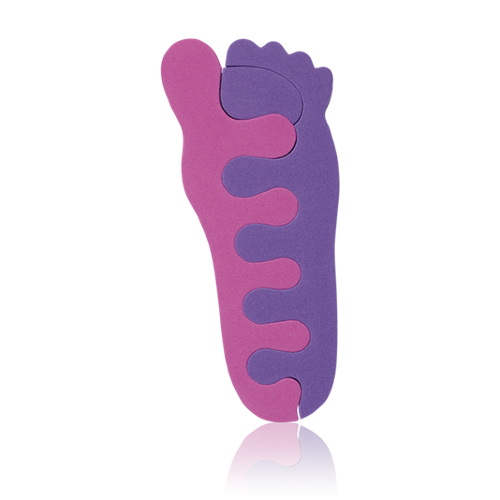 Разделители для педикюра Сделай процесс педикюра проще! К твоим услугам набор из двух разноцветных разделителей для пальцев из мягкого полиуретана. Сложи розовый и фиолетовый вместе, чтобы получился след симпатичной ножки.