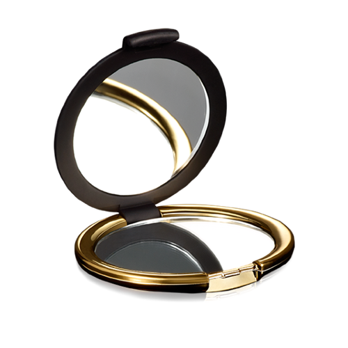 Зеркало Элегантное черное-золотистое складное зеркальце с противоскользящим покрытием идеально помещается в сумочку или косметичку. Одна сторона – с увеличением, вторая – стандартная.